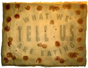 Tell Us What We Are Eating, handmade, watermarked print with grapes, 20 x 24 inches