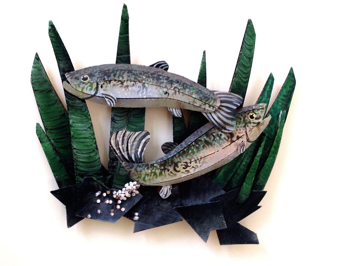 Trout Laying Eggs in Algae from the series Cardboard Fish by Christy Rupp