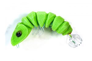 Green worm sculpture made of plastic trash from the series Moby Debris