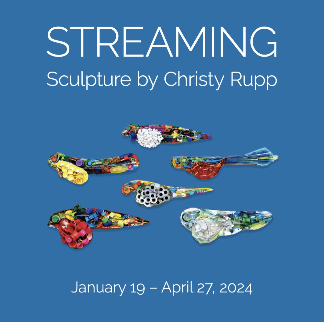 Cover of Streaming catalog with blue background featuring plastic debris sculptures