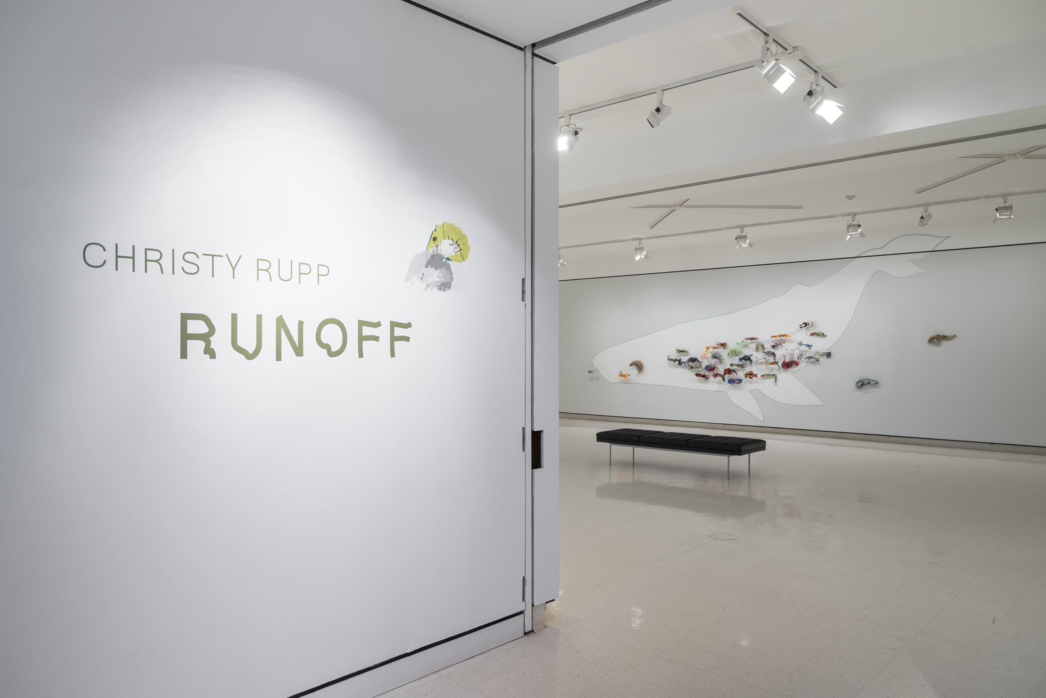 View of entry to exhibit with Christy Rupp Runoff on white wall