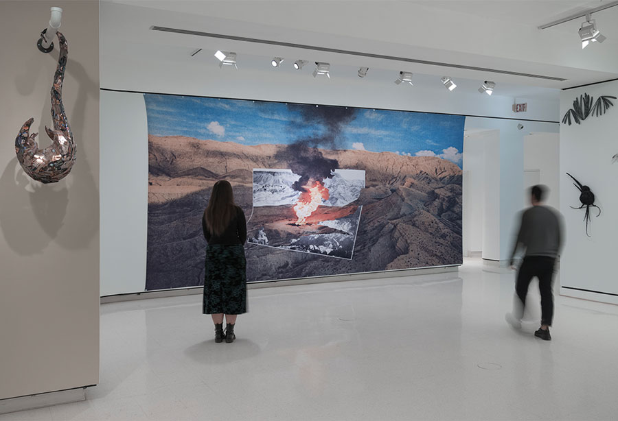 Large collage on wall with gallery visitor looking at it